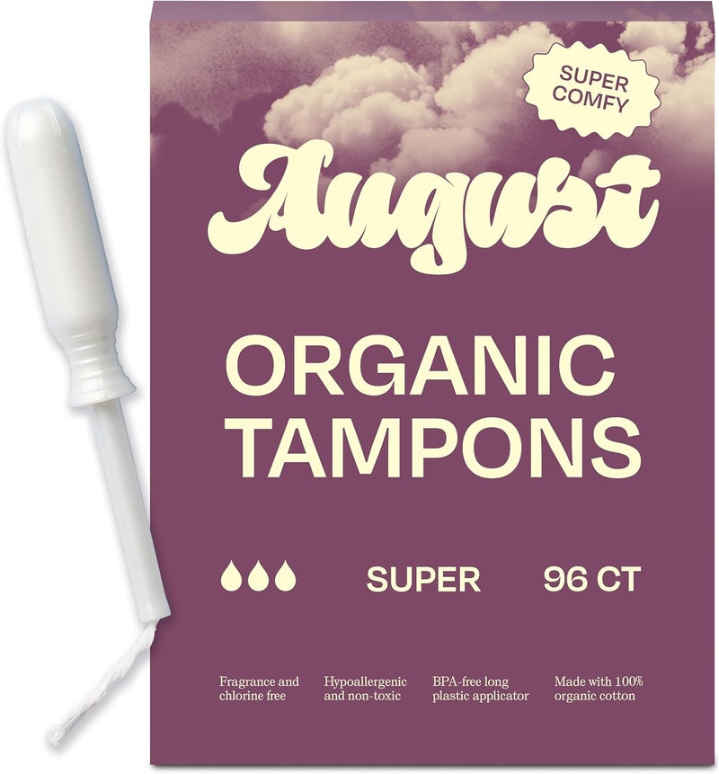 August Organic Cotton Tampons, 96 Super Tampons Made with Organic Cotton, Long Applicators, Non-Toxic, Fragrance-Free, Chlorine-Free, and Hypoallergenic (6 Boxes of 16/12 Boxes of 8) - Image 1